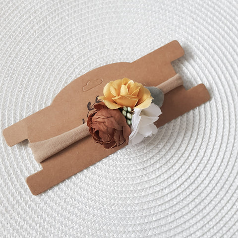 Floral baby band - brown, mustard and ivory